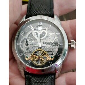 Stuhrling Original ST91015 22 Jewel Automatic Watch Leather Band Skeleton Read!